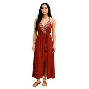 Crystal Doll Rust Embroidered Bodice Drawstring 2 Front Slits Boho Maxi Dress SM